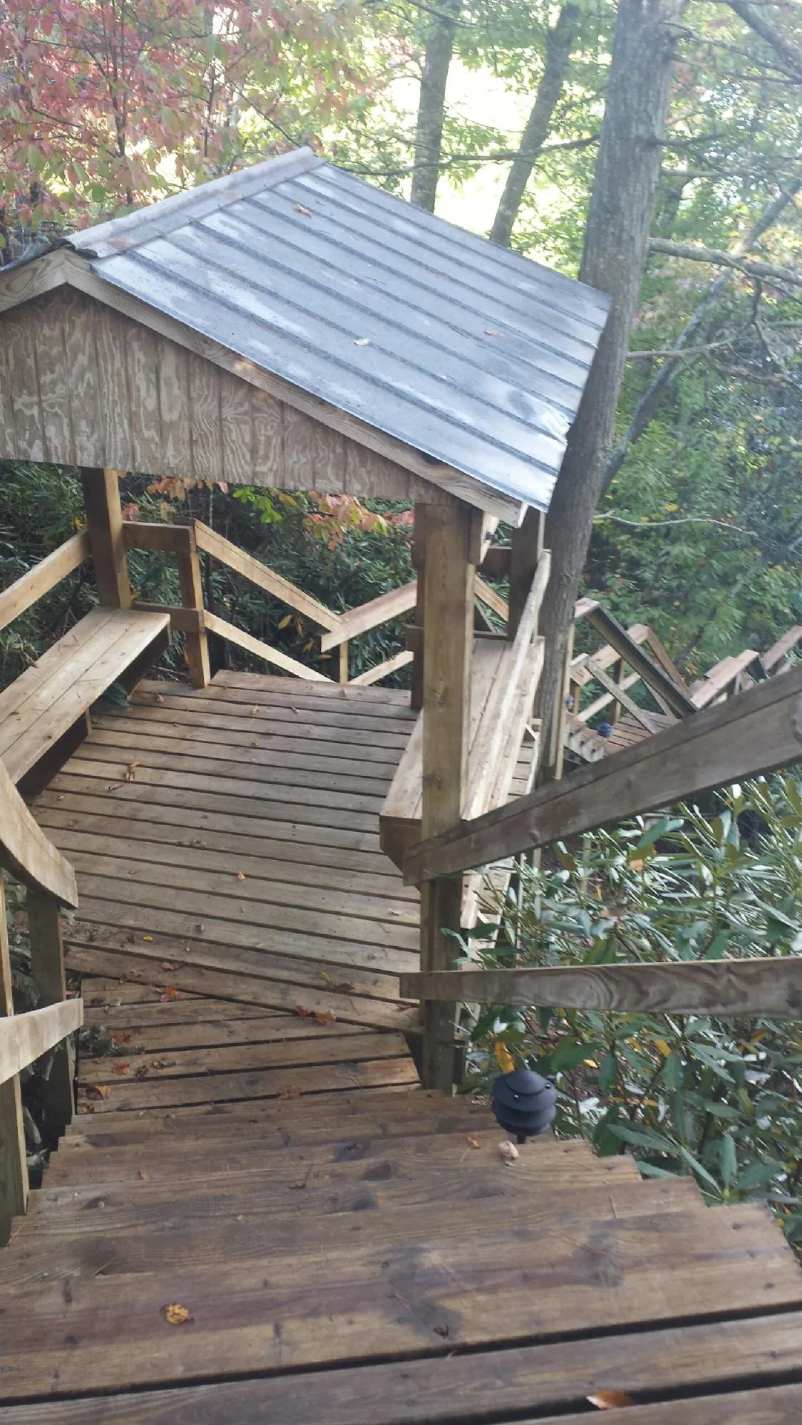 Metal roofed shelter over wooden steps on a wooded walkway — Skylight Repair & Installation work by our crew in Roxboro